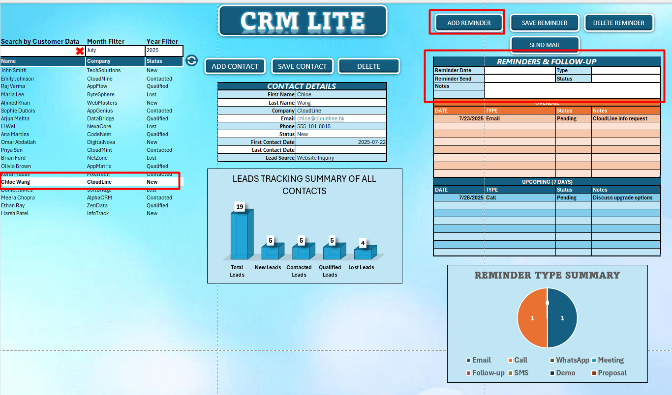 Add Reminder in Excel CRM Lite