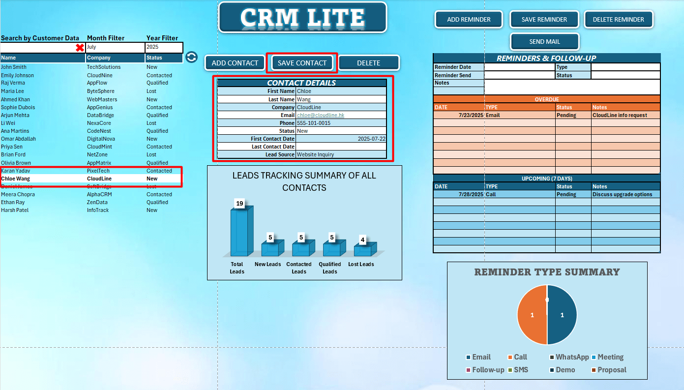 Editing Contact in Excel CRM Lite