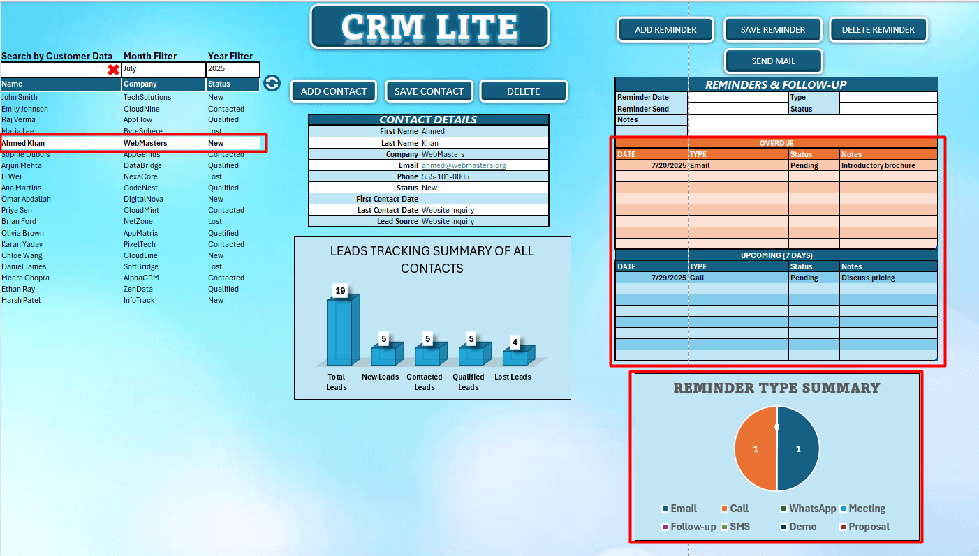 Upcoming Reminders in Excel CRM Lite