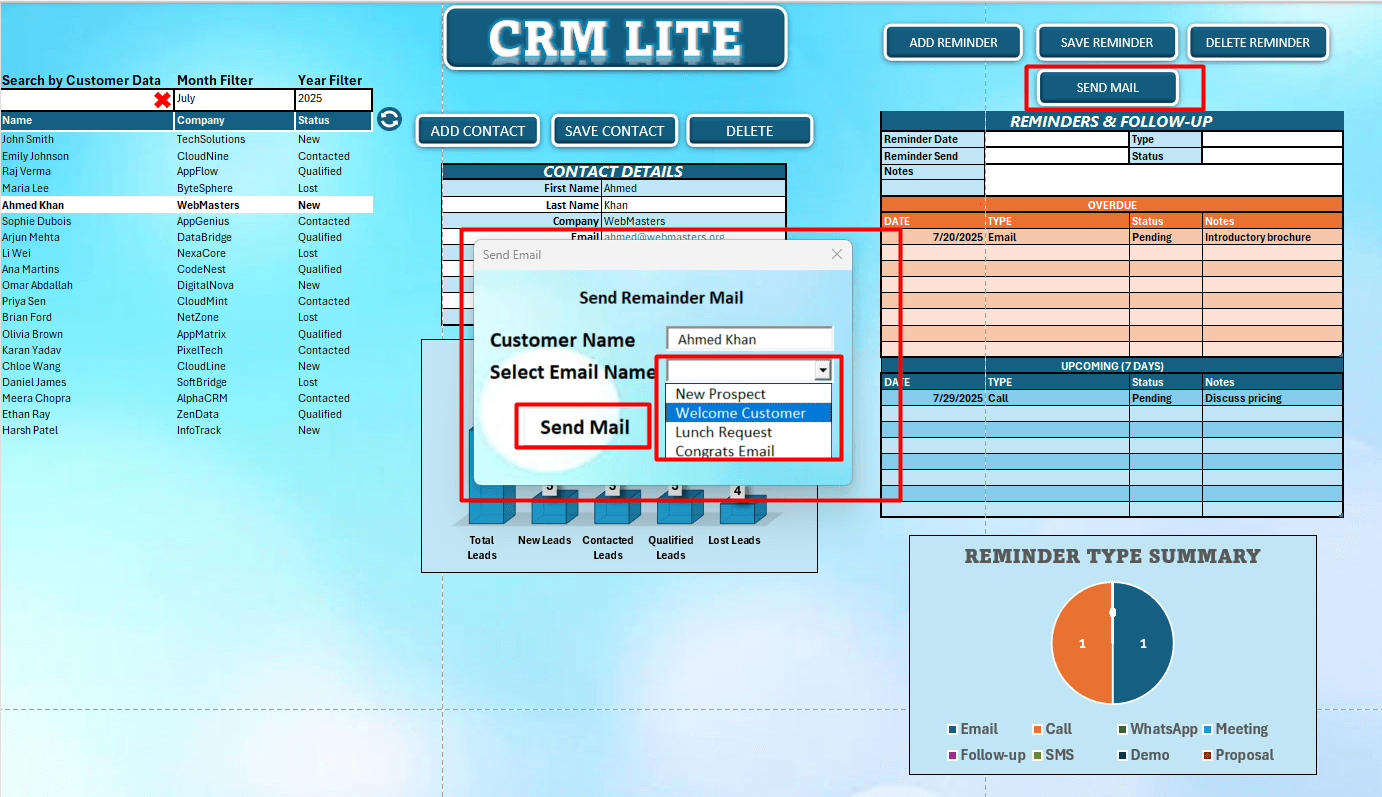Send Email in Excel CRM Lite