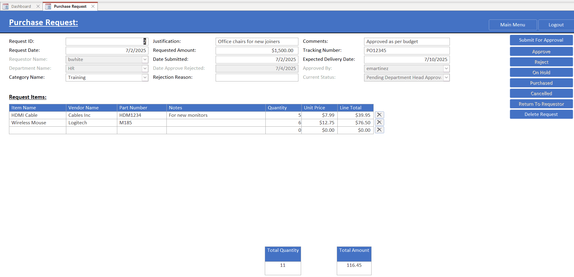 Submit Purchase Request Screen