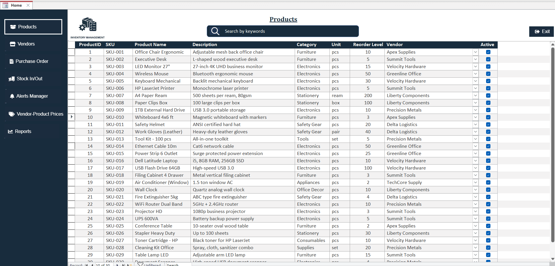 Dashboard – Access-Based Inventory Tracker