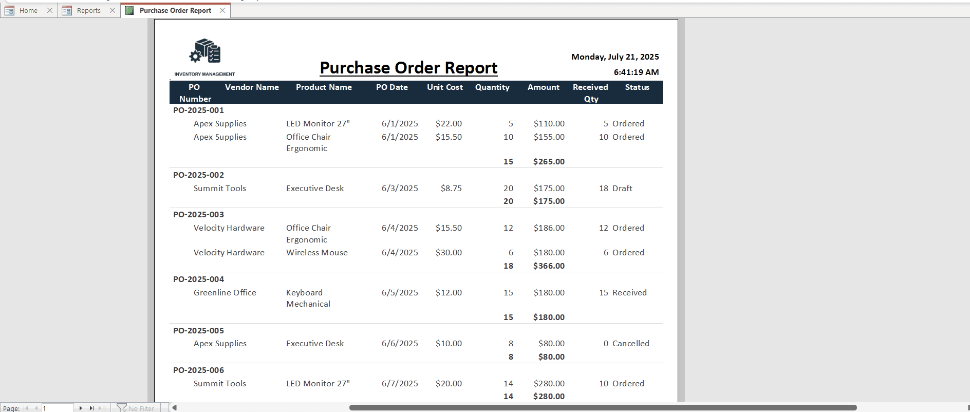 Purchase Order Report – Access Inventory Tracker