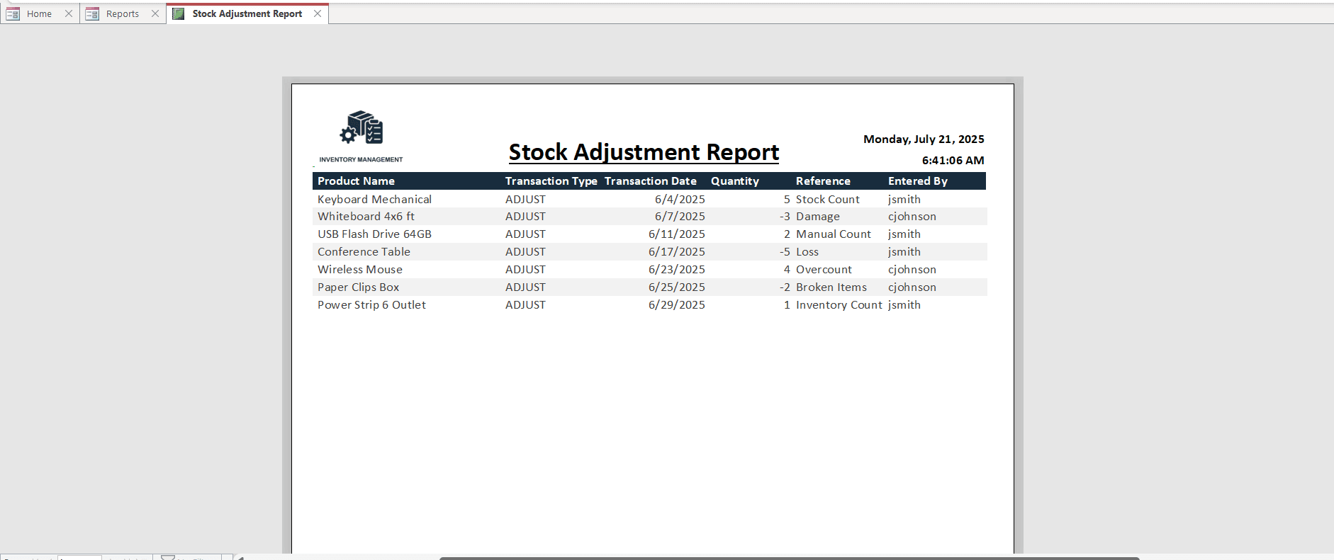Stock Adjustment Report – Access Inventory Tracker