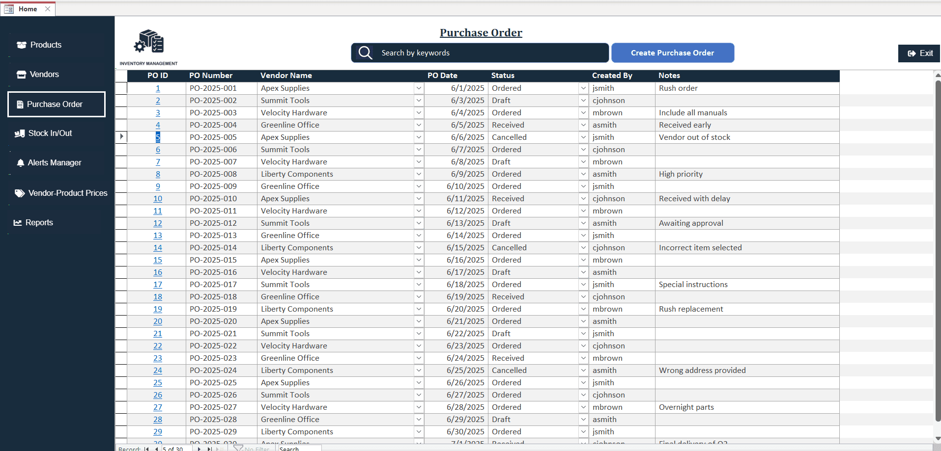 Purchase Order Screen – Access Inventory Tracker