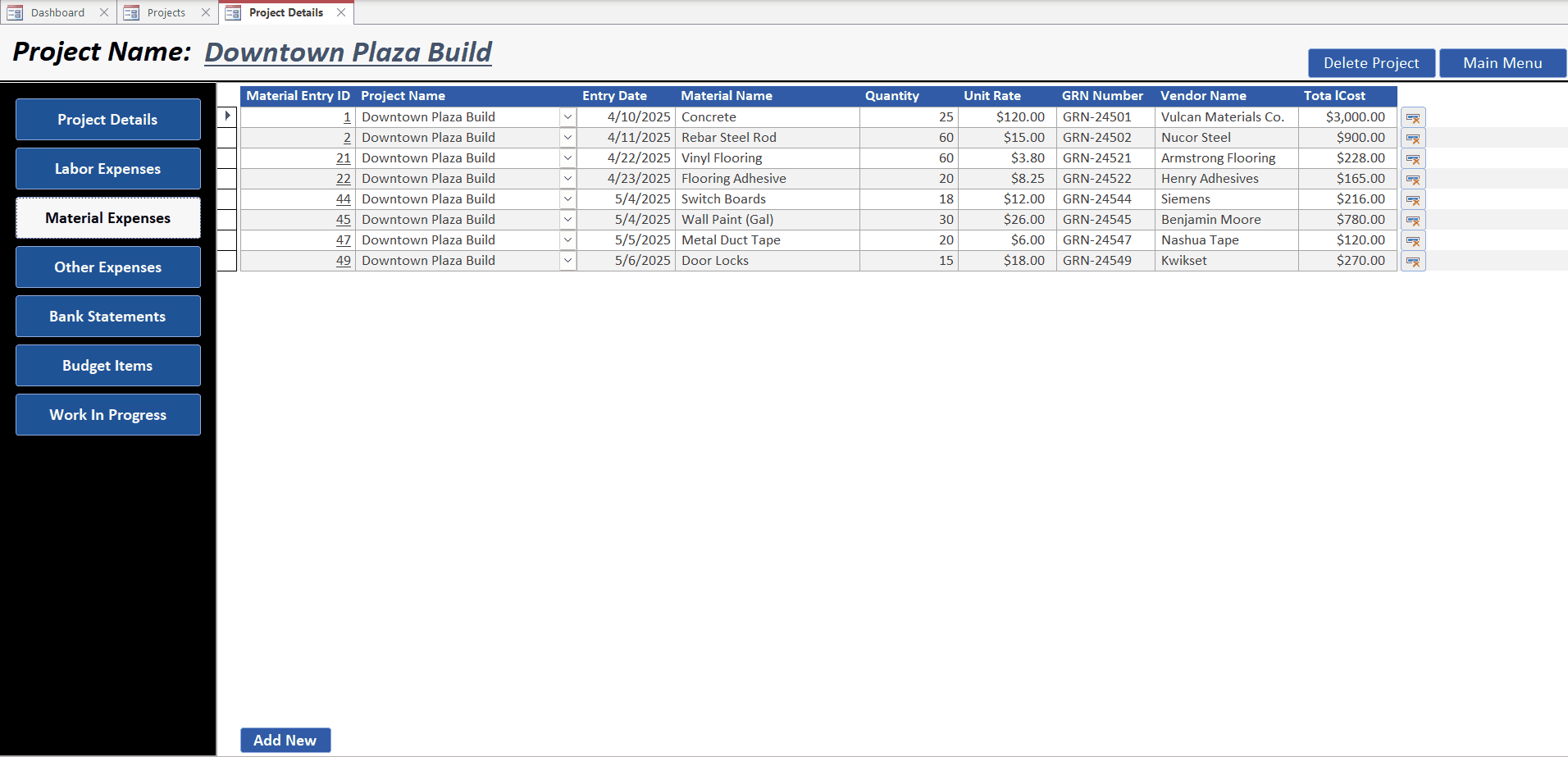 Material Expenses – Job Costing MS Access