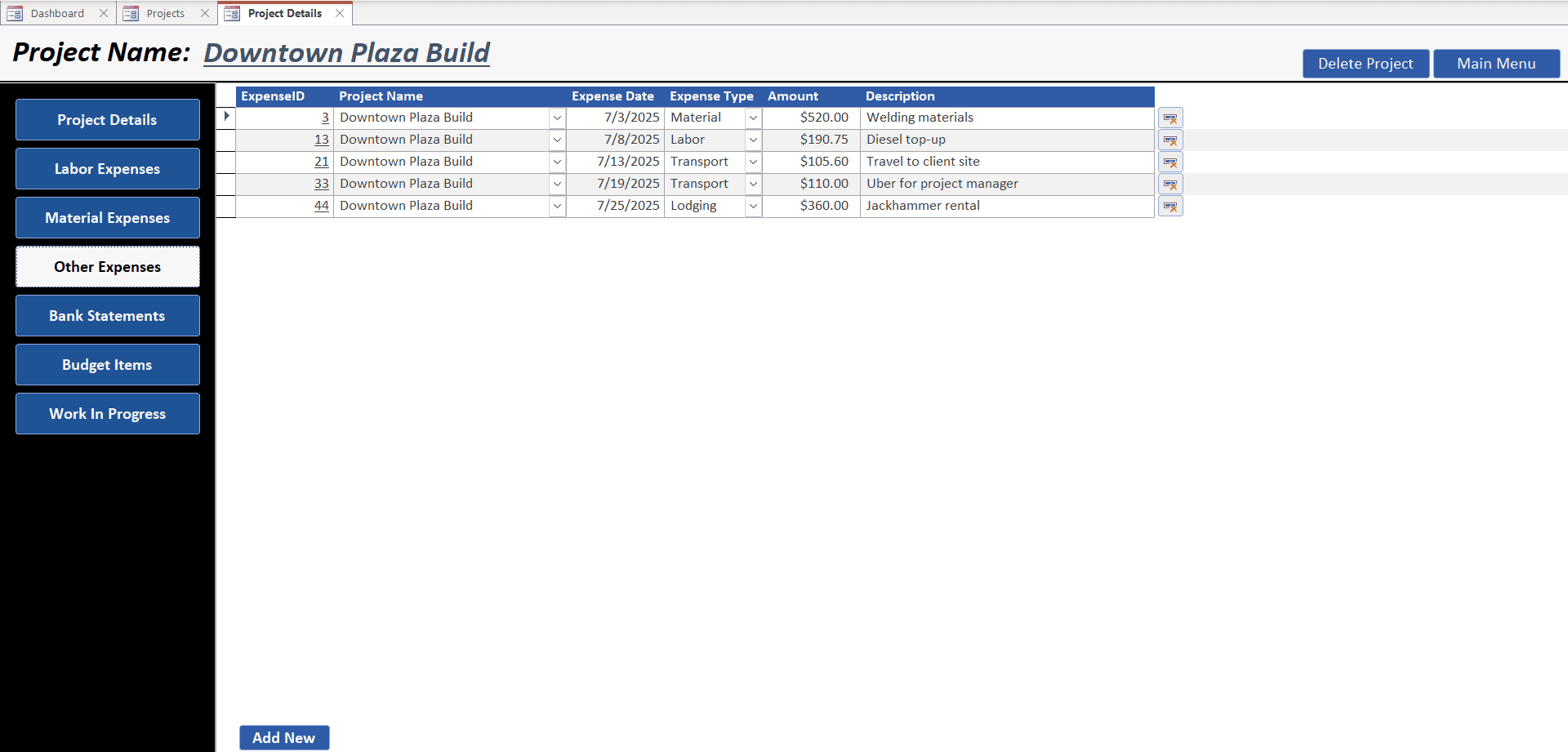 Other Expenses – Job Costing MS Access