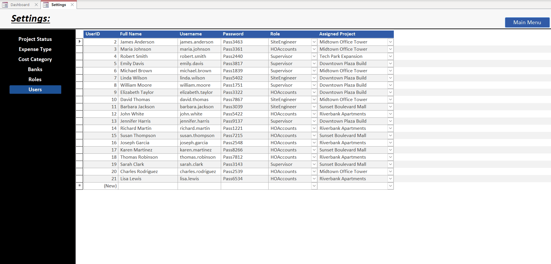 Role-Based Usage – Job Costing MS Access