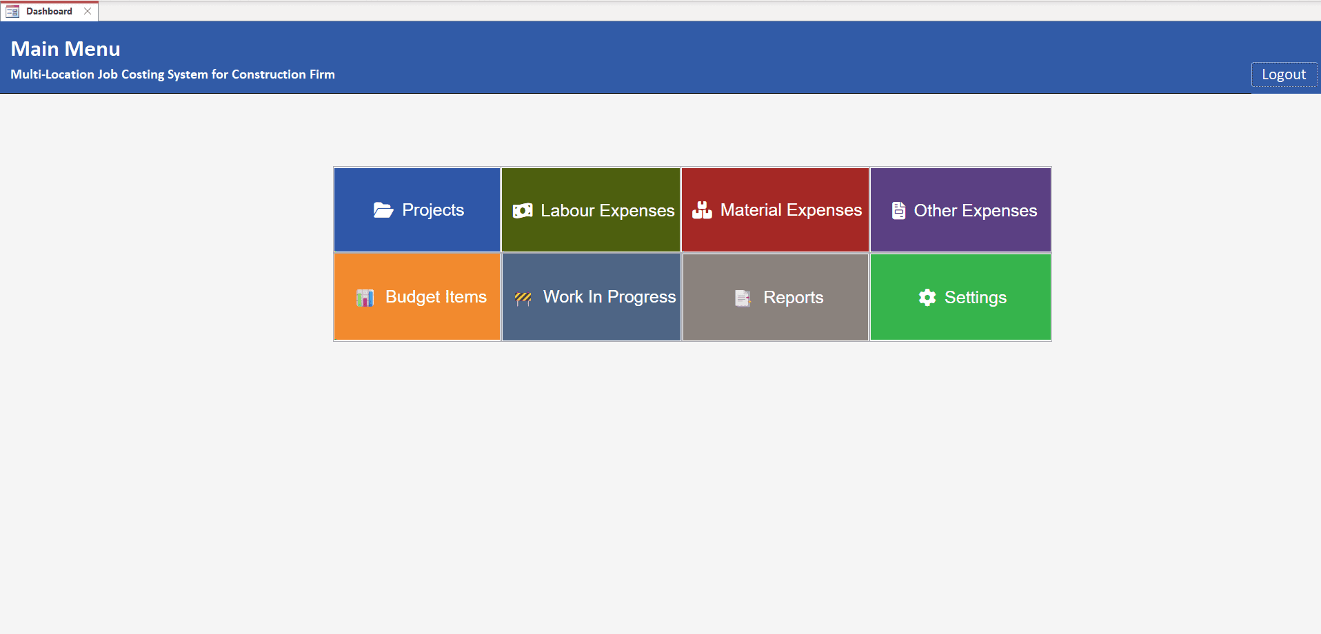 Main Dashboard – Job Costing MS Access